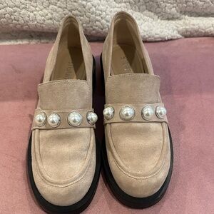 Stuart Weitzman Blush Suede Pearl-Accent Loafers